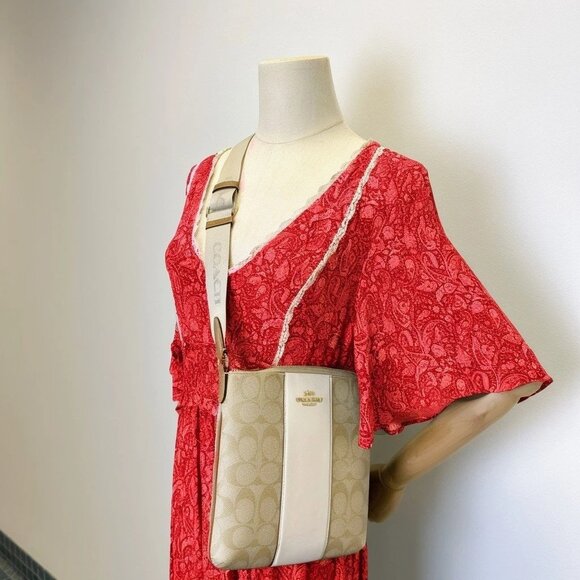 Coach CR248 Mini Rowan File Signature Canvas Stripe Light Khaki Chalk Lt Saddle - Picture 1 of 5